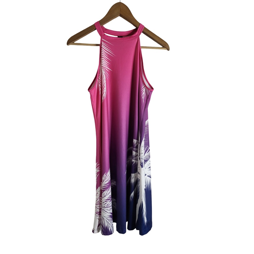 Emery Rose Pink Purple Ombre Palm Leaf Halter Neck Mini Dress M Funky Chic